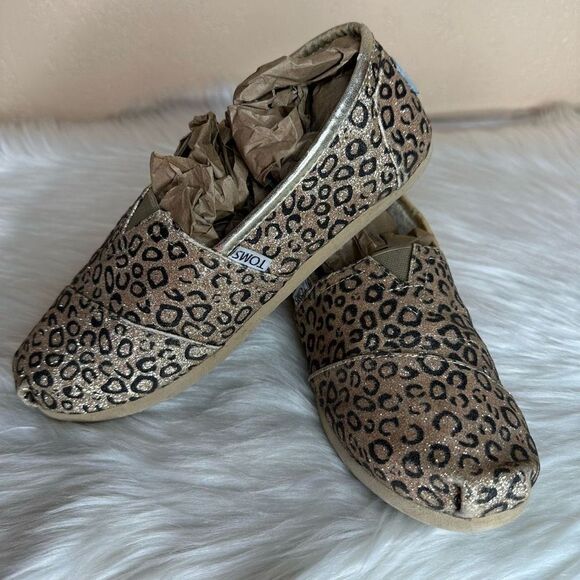 TOMS LEOPARD CHEETAH GLITTER GOLD BALLET FLAT SLIP On Shoes 4 - Picture 13 of 13